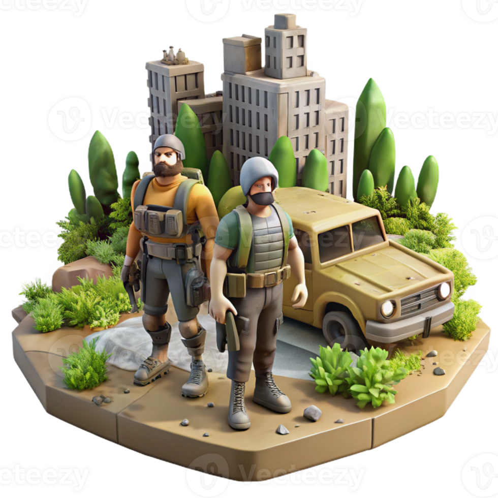 Post-Apocalyptic Soldiers Vehicle A dynamic scene of soldiers navigating a post-apocalyptic world, capturing the essence of survival in a digital realm. png