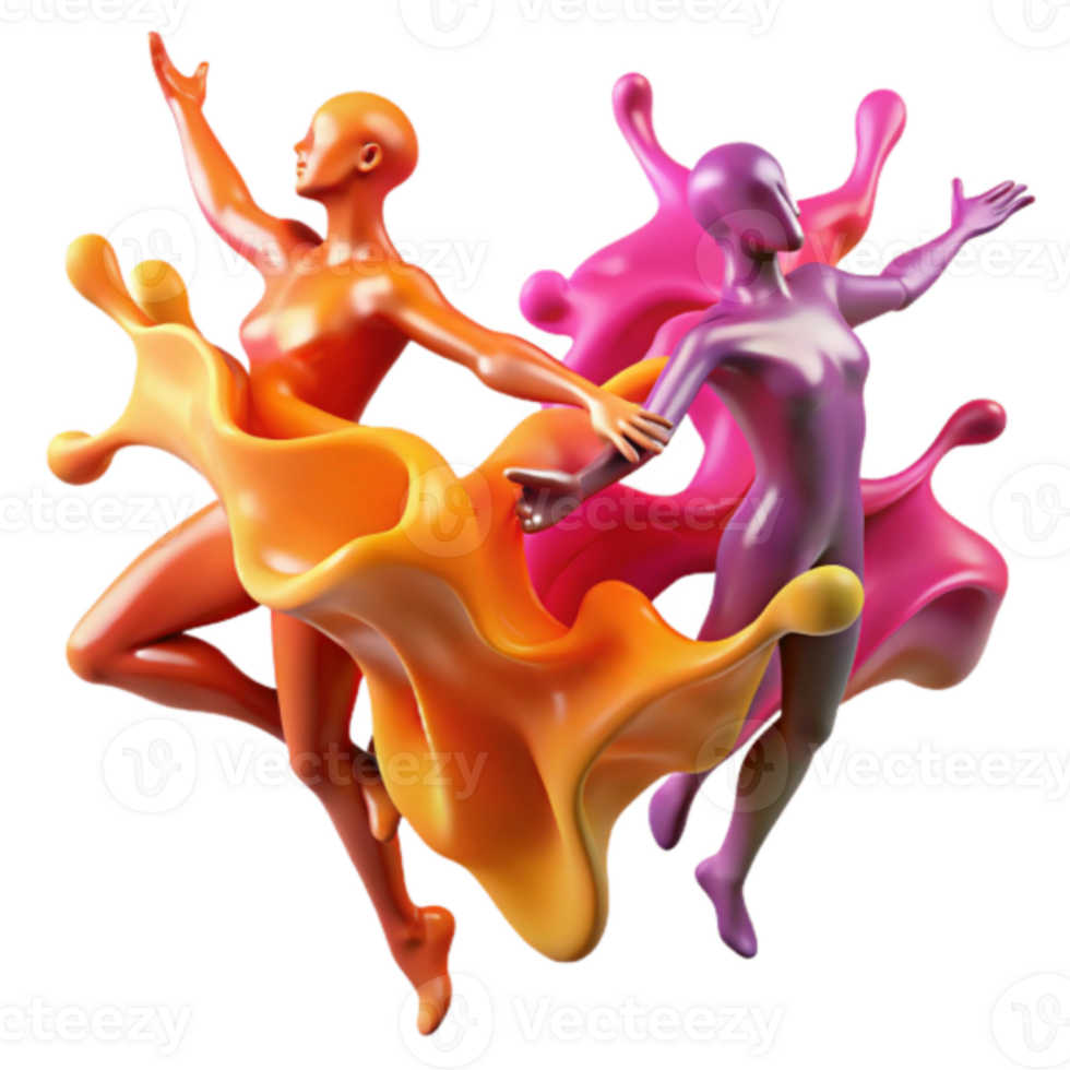 Abstract 3D Render of Dancing Figures in Vibrant Paint Splashes png