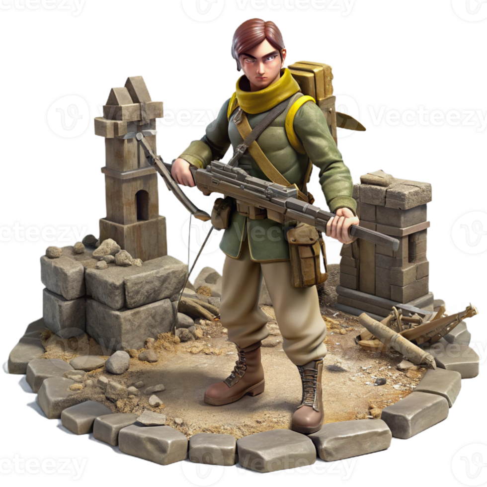 Post Apocalyptic Soldier Figurine - A dynamic depiction of a soldier in a post apocalyptic setting capturing the essence of historical elements and intense action png