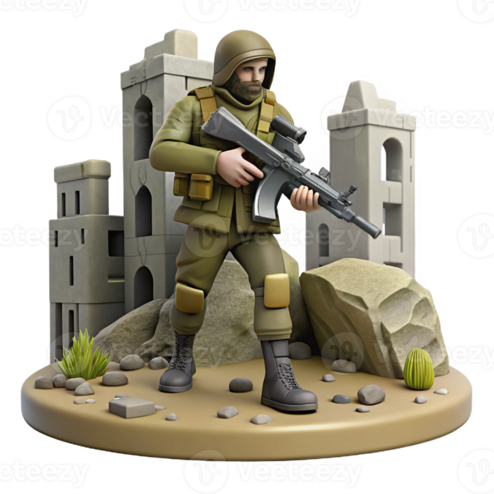 Soldier in Ruins Three Dimensional Render of a Post-Apocalyptic Scene of Adventure png