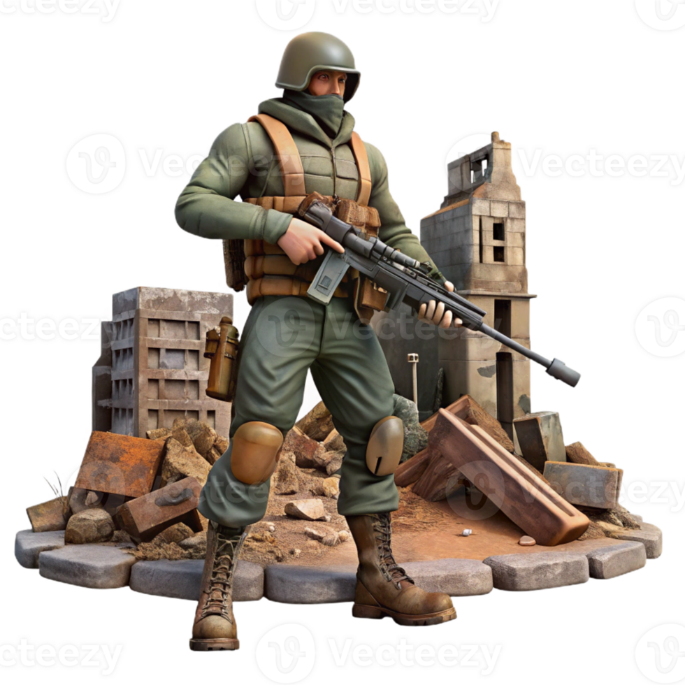 Soldier in War-Torn City A dramatic 3D render of a soldier navigating through a city ravaged by conflict, highlighting the chaos and destruction of war. png