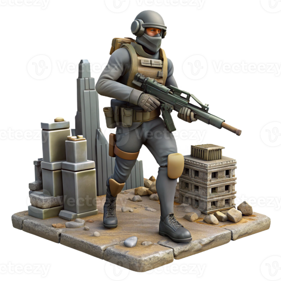 Urban Combat Soldier Diorama A dynamic diorama featuring a soldier navigating urban combat, brought to life in a stunning three-dimensional render. png