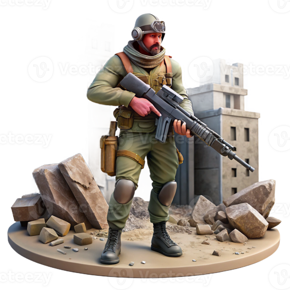 Soldier in Ruins Combat Figure A dynamic 3D render of a soldier in ruins, capturing the essence of intense action and historical warfare. png