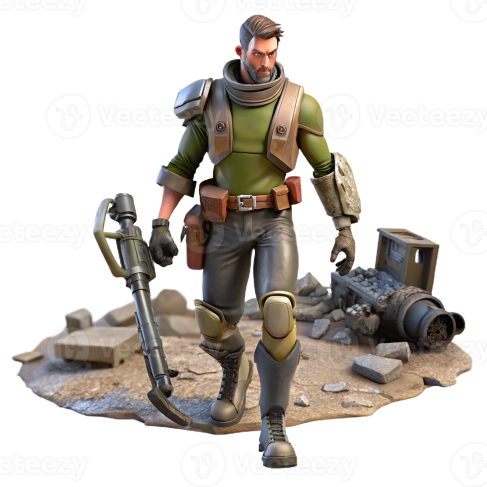 Post-Apocalyptic Soldier 3D Render A dynamic 3D render of a post-apocalyptic soldier, capturing the essence of survival and intense action. png