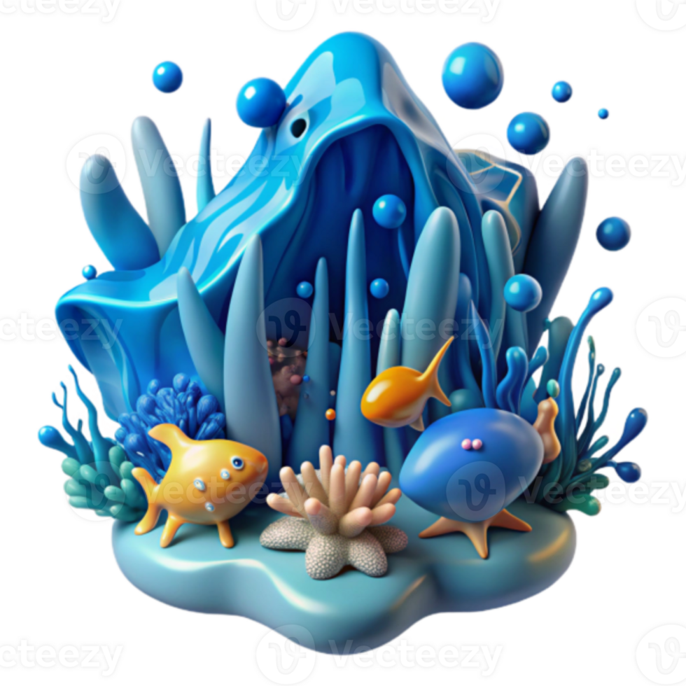 Vibrant 3D Render of an Underwater Scene with Cartoonish Fish and Blue Coral png