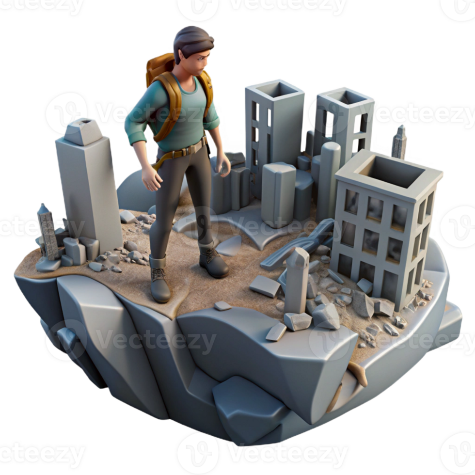 Post-Disaster Survivor City Ruins Exploration A dynamic scene of a survivor navigating city ruins, capturing the essence of exploration in a digital world. png