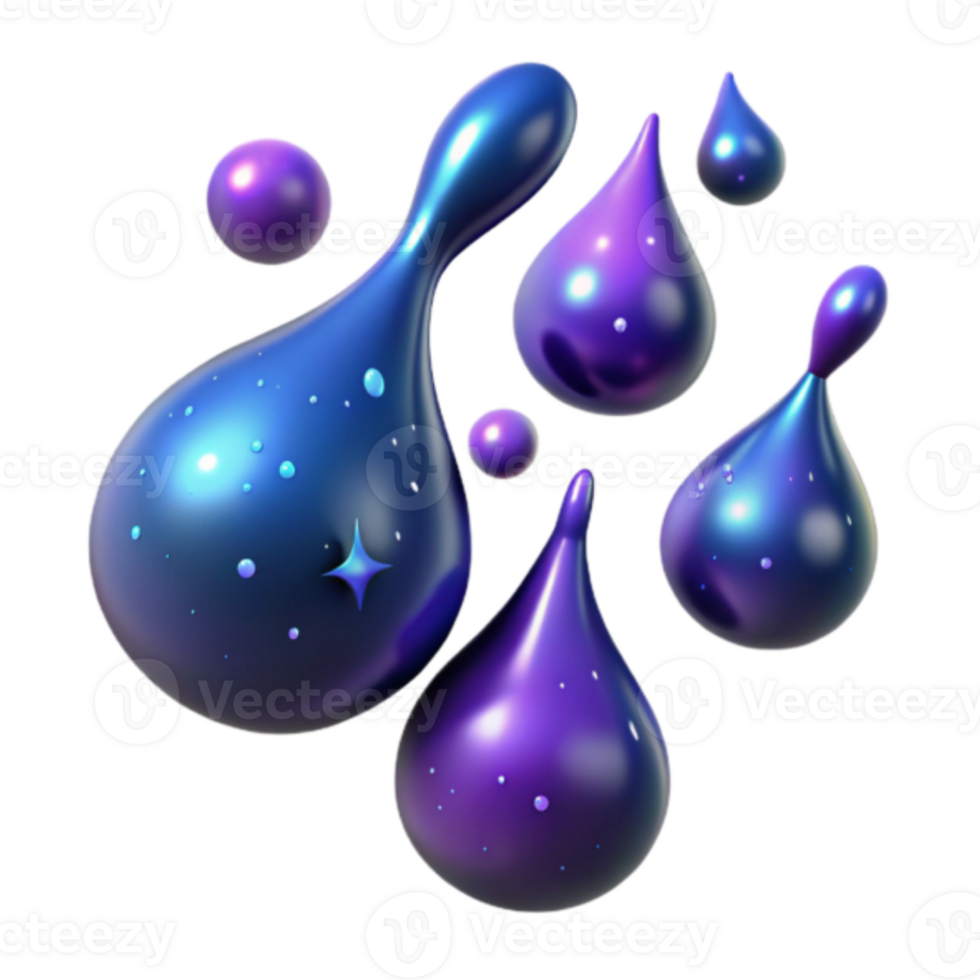 3D Render of iridescent liquid drops, abstract background, cosmic texture png