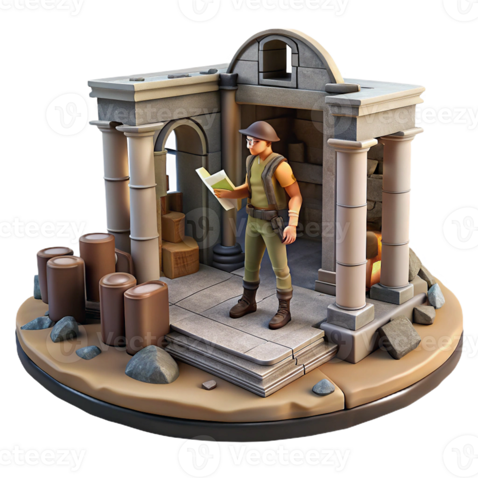 Explorer in Ancient Ruins A dynamic depiction of an explorer navigating ancient ruins, capturing the essence of adventure in a digital world. png