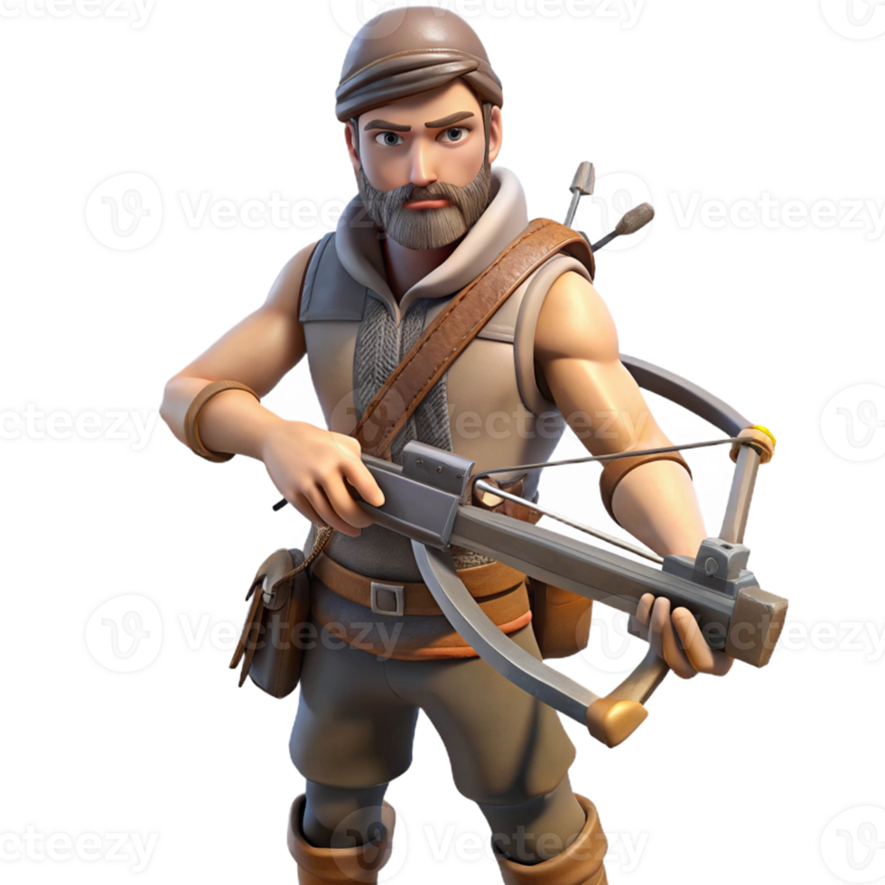 Three Dimensional Cartoon Hunter with Crossbow in a Whimsical Scene of Adventure png