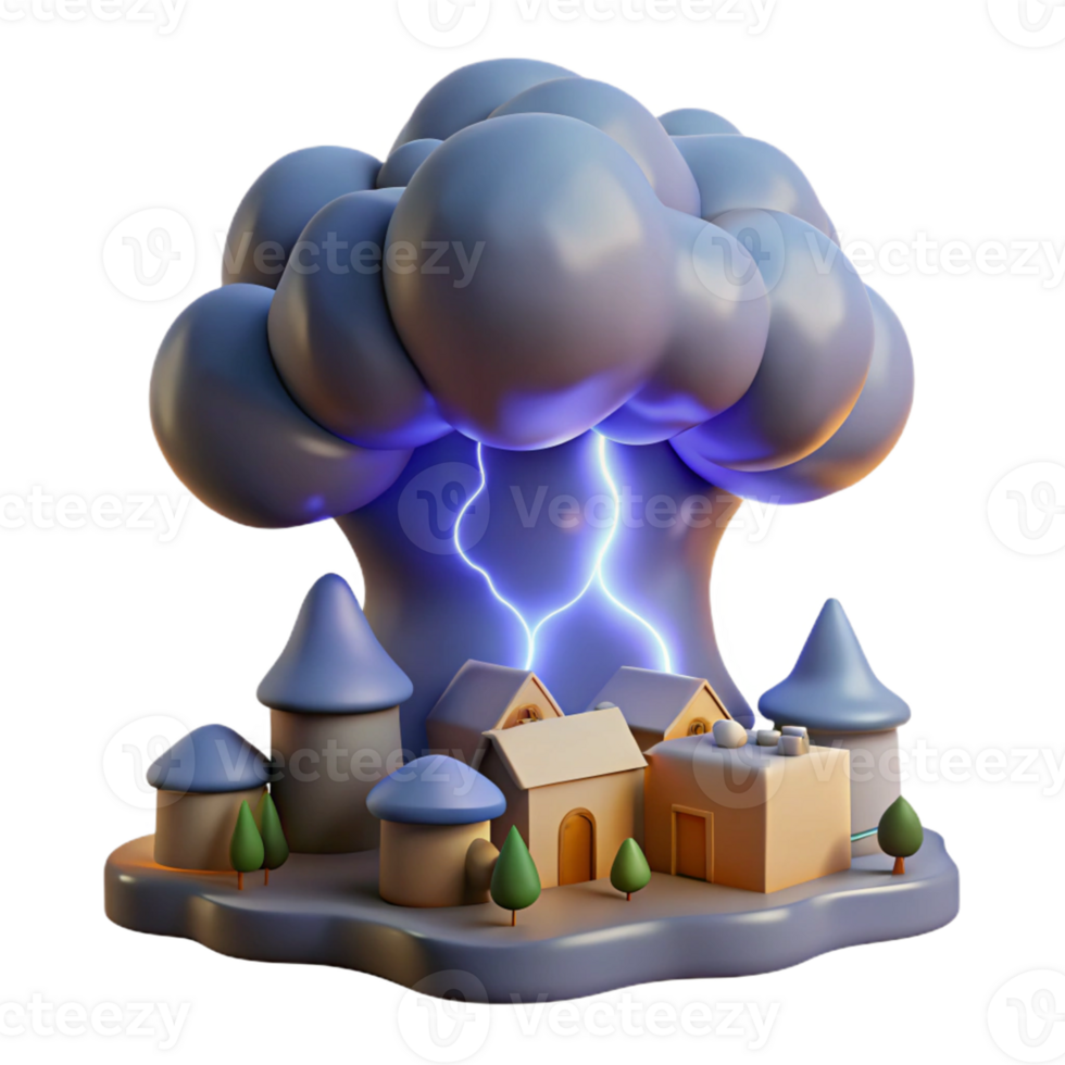 Lightning Storm Over Village A dramatic 3D render of a lightning storm over a village, capturing the essence of intense action and natural beauty. png