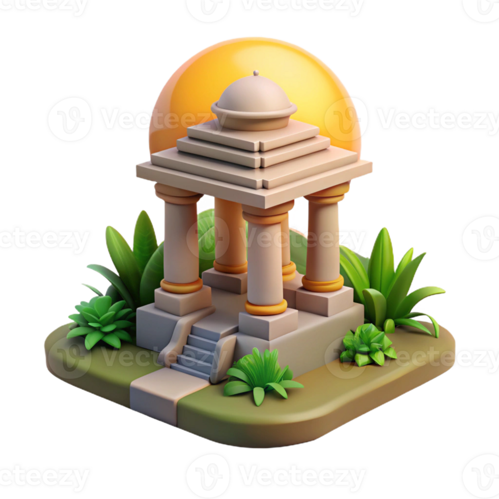 Temple 3D Model Sunlit Columns Plants A serene depiction of a temple with sunlit columns and plants, captured in a stunning three-dimensional model. png