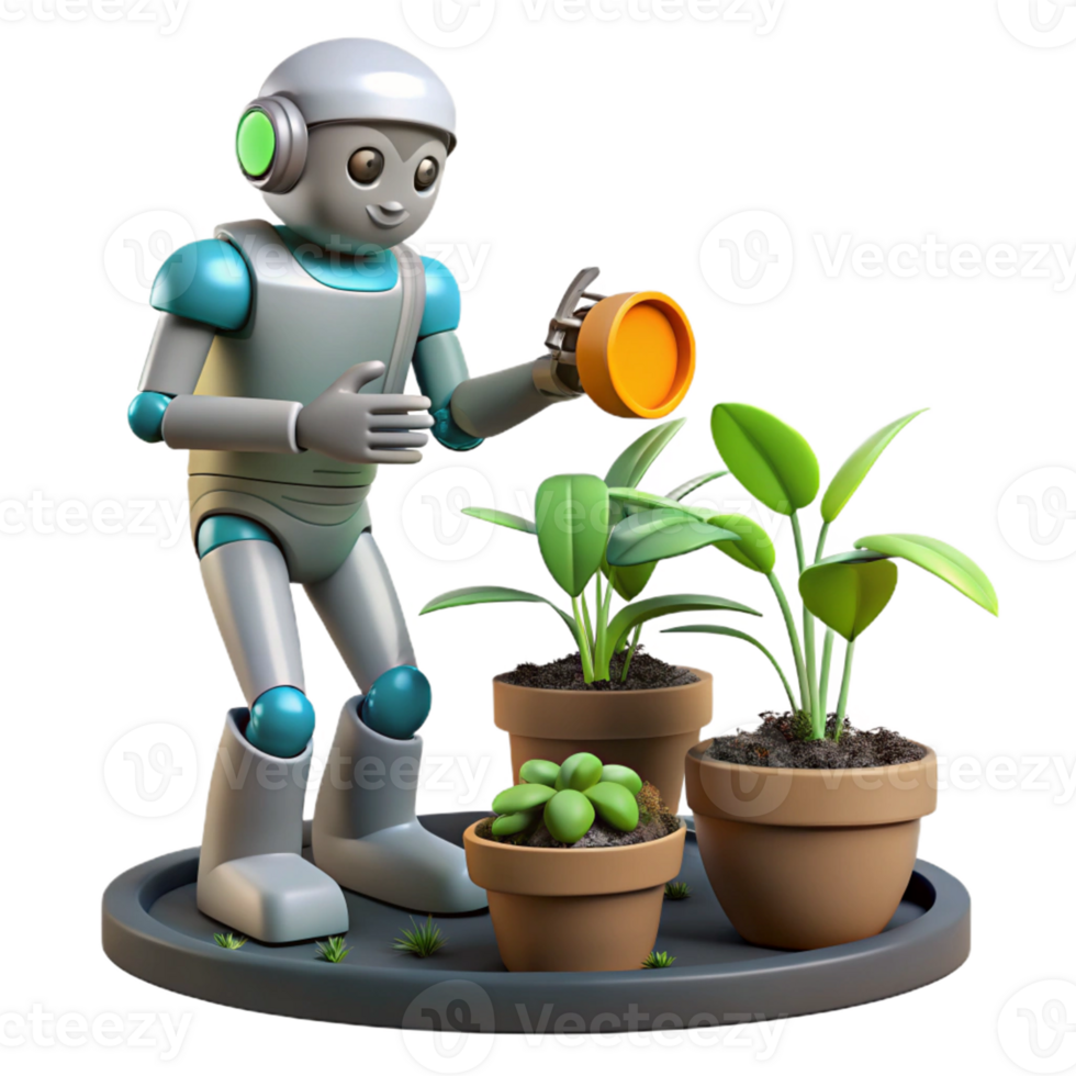 Robot Gardener Tending Plants A dynamic depiction of a gardener crafted as a robot, navigating a world of plants in a digital world. png