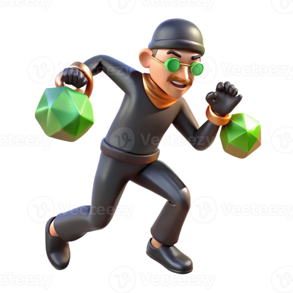 3D Thief Running with Gems - A dynamic 3D render of a thief running with gems capturing the essence of adventure and intense action png