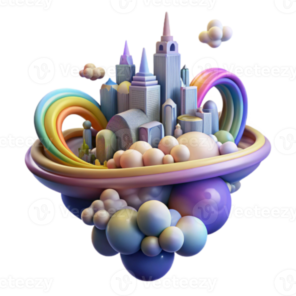 3D Render of a Whimsical City on Clouds with Rainbows png