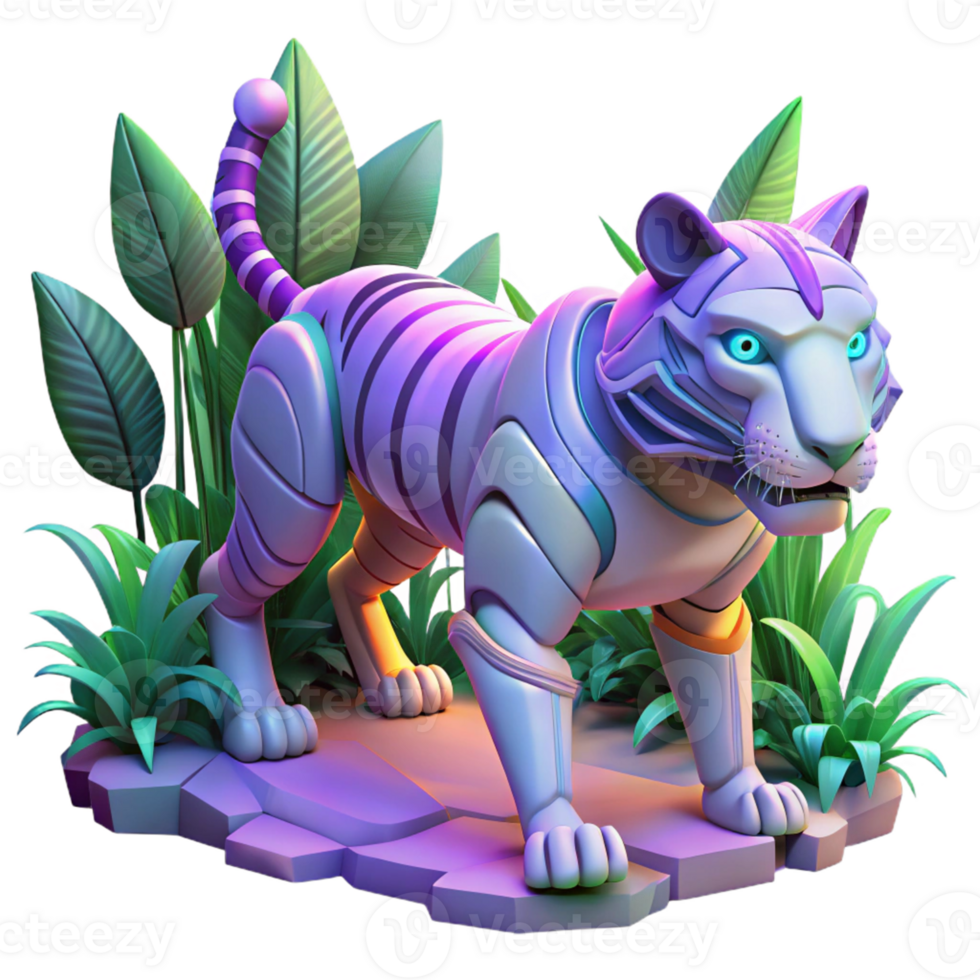 Robotic Tiger in Jungle in a Futuristic Three Dimensional Scene of Wilderness png