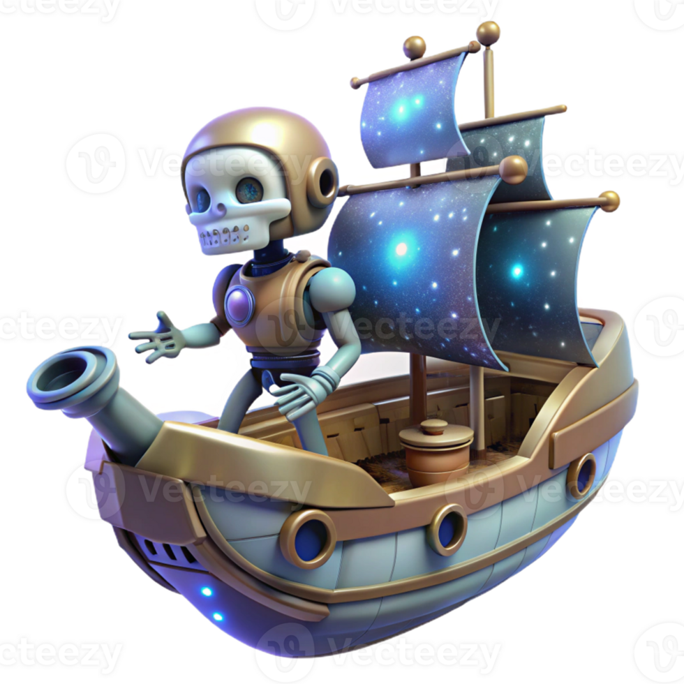 Cosmic Skeleton Robot on Ship A dynamic 3D render of a cosmic skeleton robot on a ship, capturing the essence of space adventure and futuristic technology. png