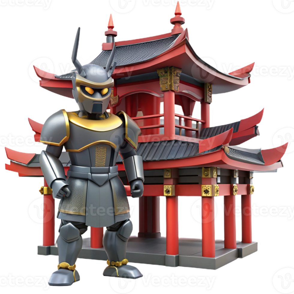 Robot Guardian Asian Temple A dynamic scene of a robot guardian navigating an Asian temple, capturing the essence of protection in a digital world. png