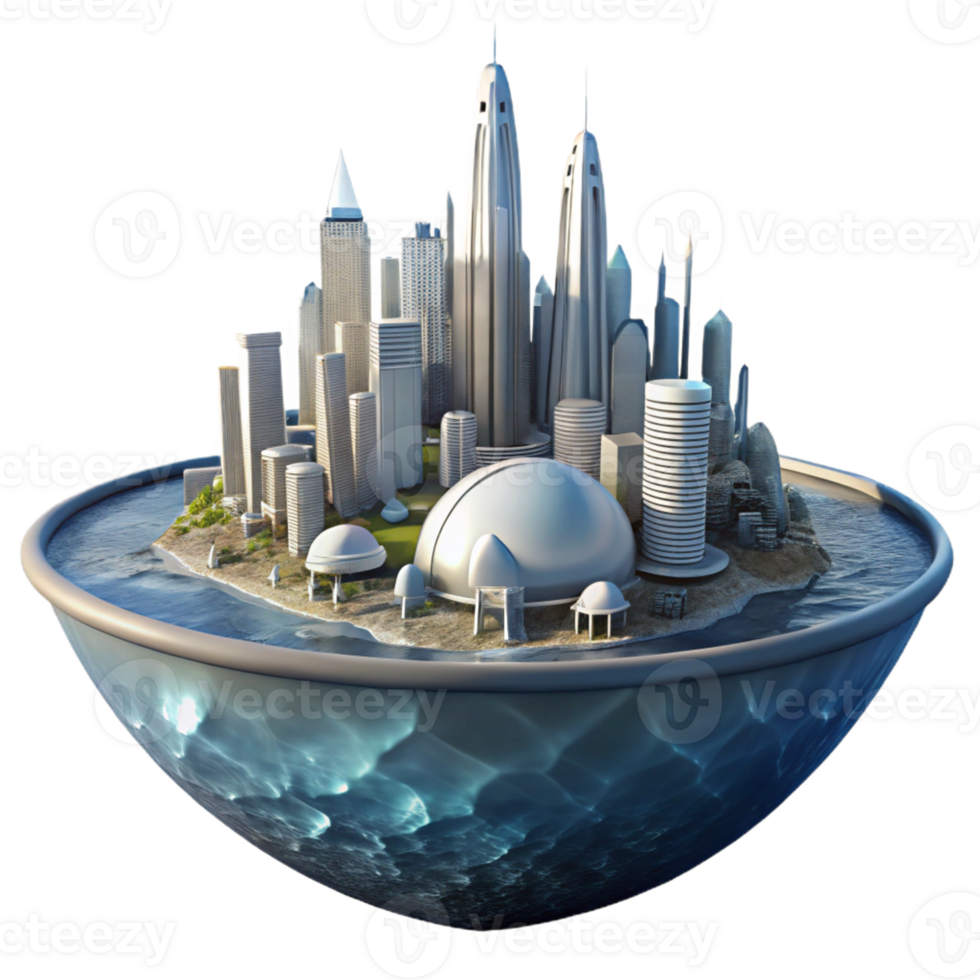 Futuristic City Island - A dynamic depiction of a futuristic city on an island blending advanced technology with urban design png