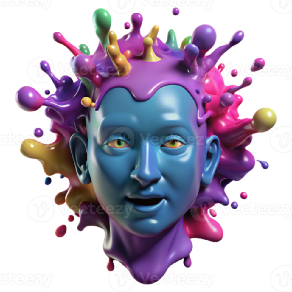 Vibrant 3D Head Render Colorful Paint Splash Abstract Background png
