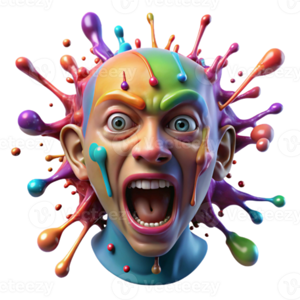 Vibrant 3D Render of a Screaming Head Surrounded by Colorful Paint Splatter png