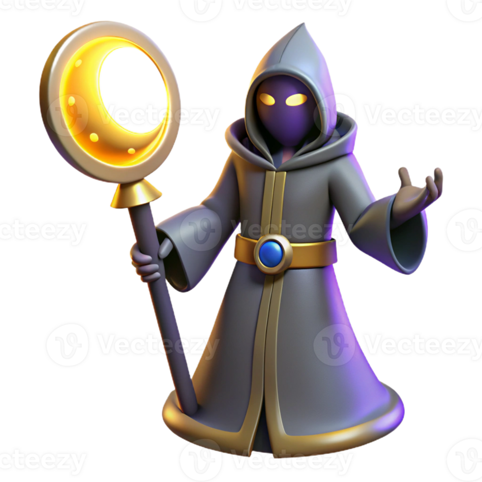 Mystic Wizard with Crescent Staff A magical scene of a wizard navigating a world with a crescent staff, capturing the essence of mysticism in a digital world. png