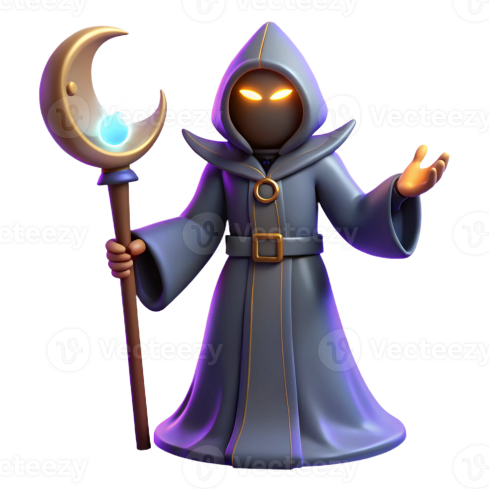 Mystic Wizard with Crescent Moon Staff A magical scene of a wizard navigating a world with a crescent moon staff, capturing the essence of mysticism in a digital world. png