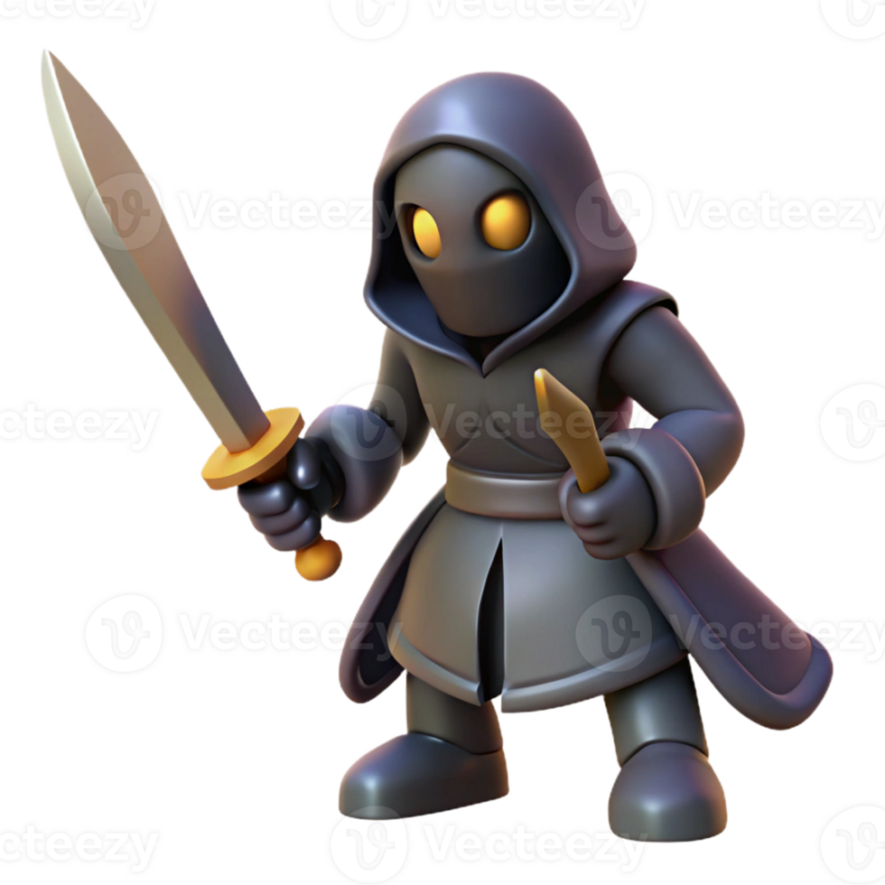 Hooded Warrior 3D Render A dynamic depiction of a warrior navigating a world of hoods, ready for battle in a digital world. png
