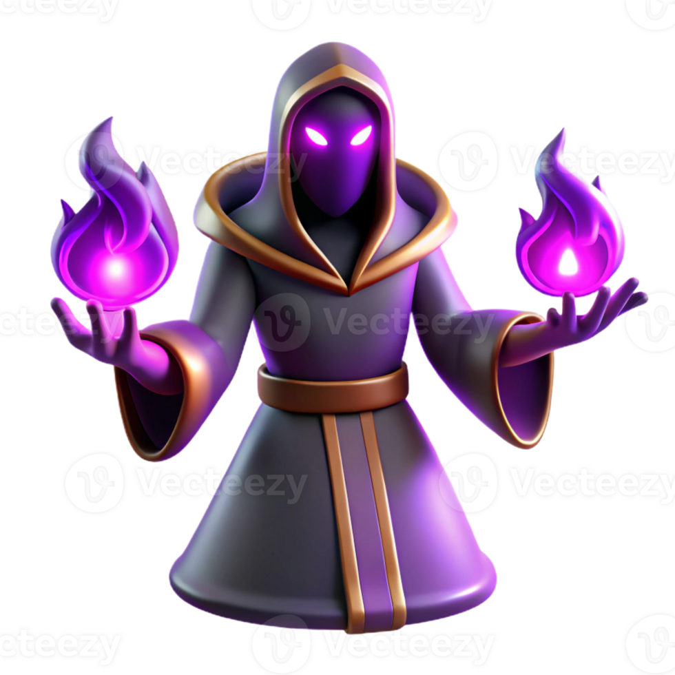 Dark Wizard with Purple Flames in a Haunting Three Dimensional Scene of Fantasy png