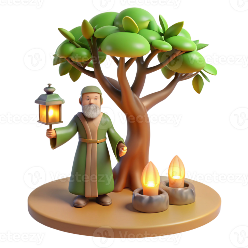 3D Render Wise Man, Lantern, Candles, Tree A dynamic depiction of a wise man navigating a world of lanterns, candles, and trees, captured in a stunning three-dimensional render. png