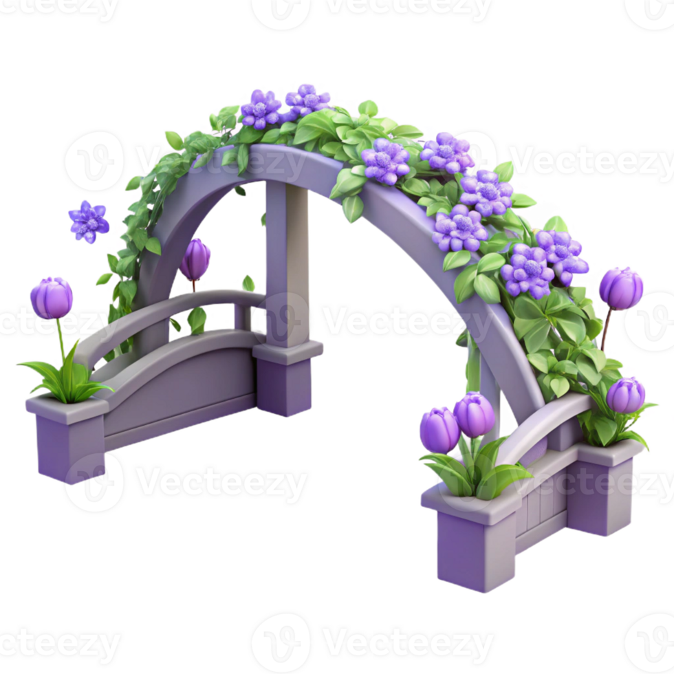 Flower Arch Bridge Garden Decor A serene 3D render of a flower arch bridge, designed as garden decor for a tranquil and enchanting atmosphere. png