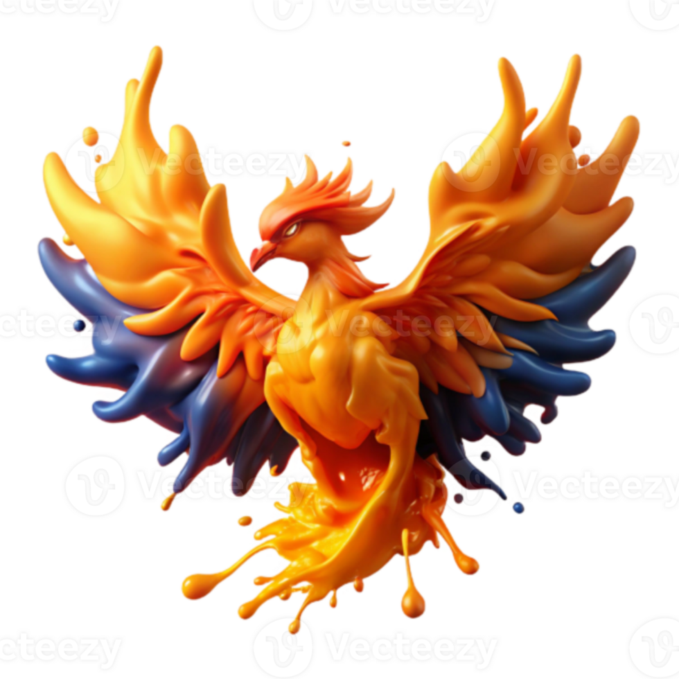 Dynamic 3D Render of a Mythical Orange and Blue Phoenix in Flight png