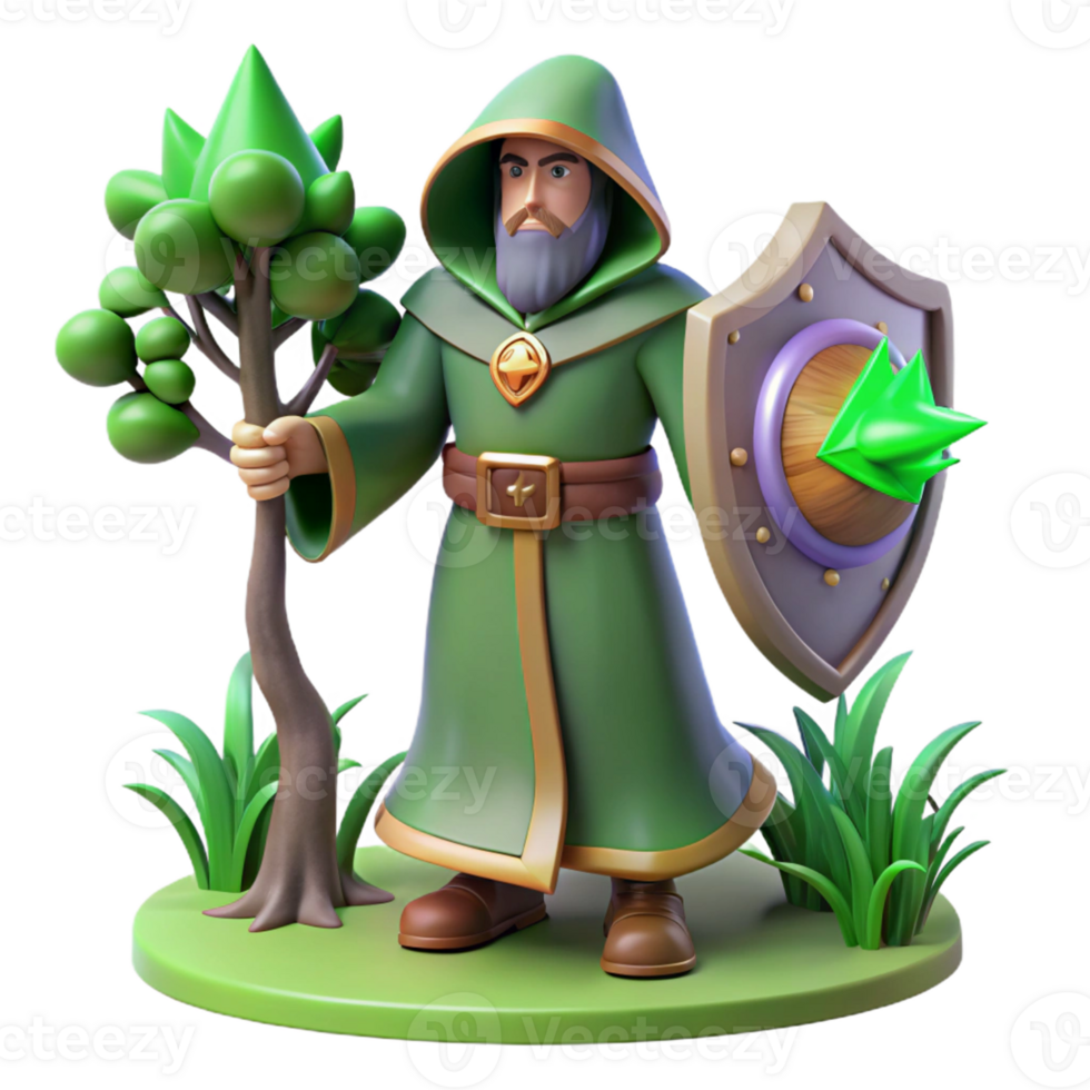 Green Wizard with a Tree and Shield in a Magical Three Dimensional Scene of Enchantment png