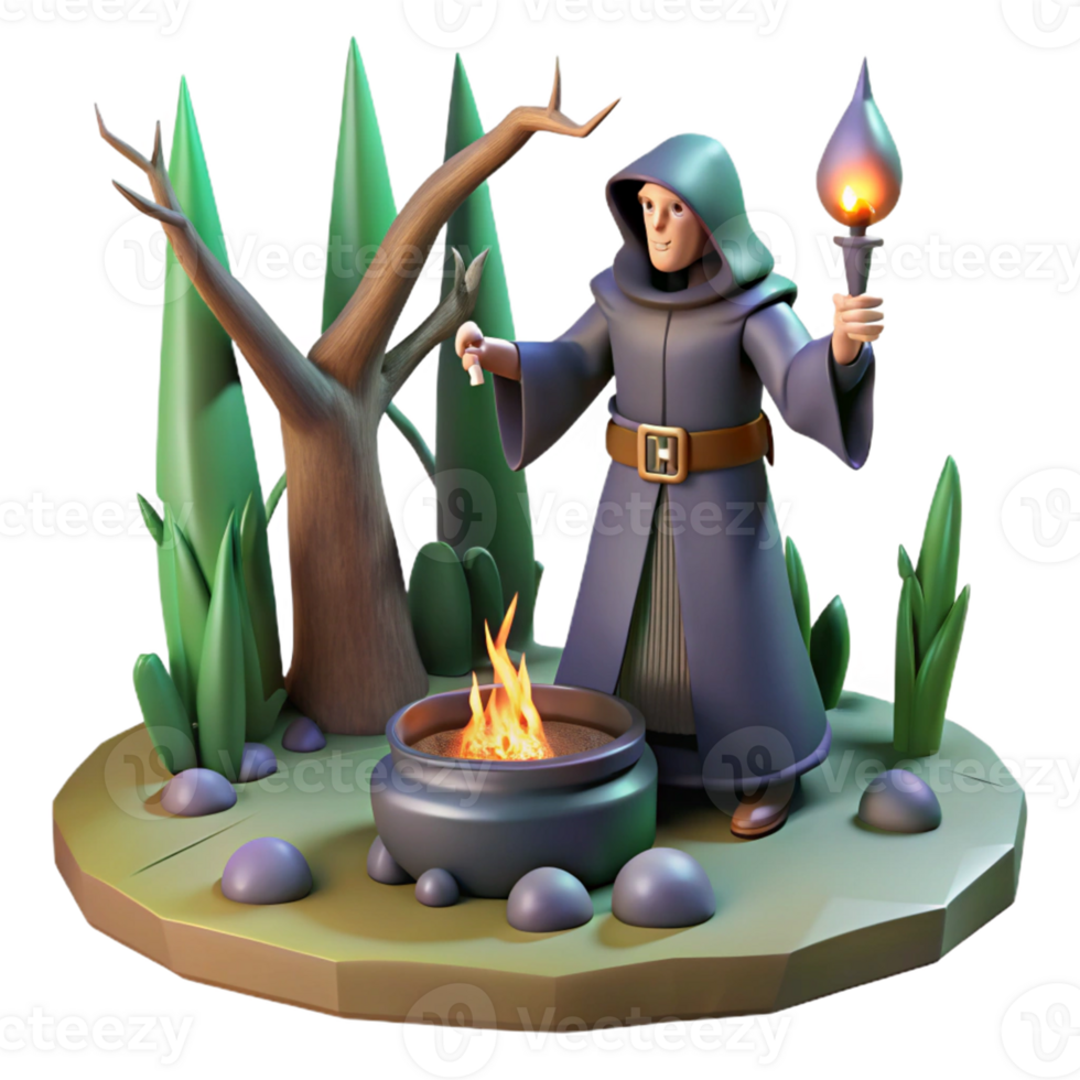 Wizard Casting a Spell in a Forest Fire in a Dynamic Three Dimensional Scene of Adventure png