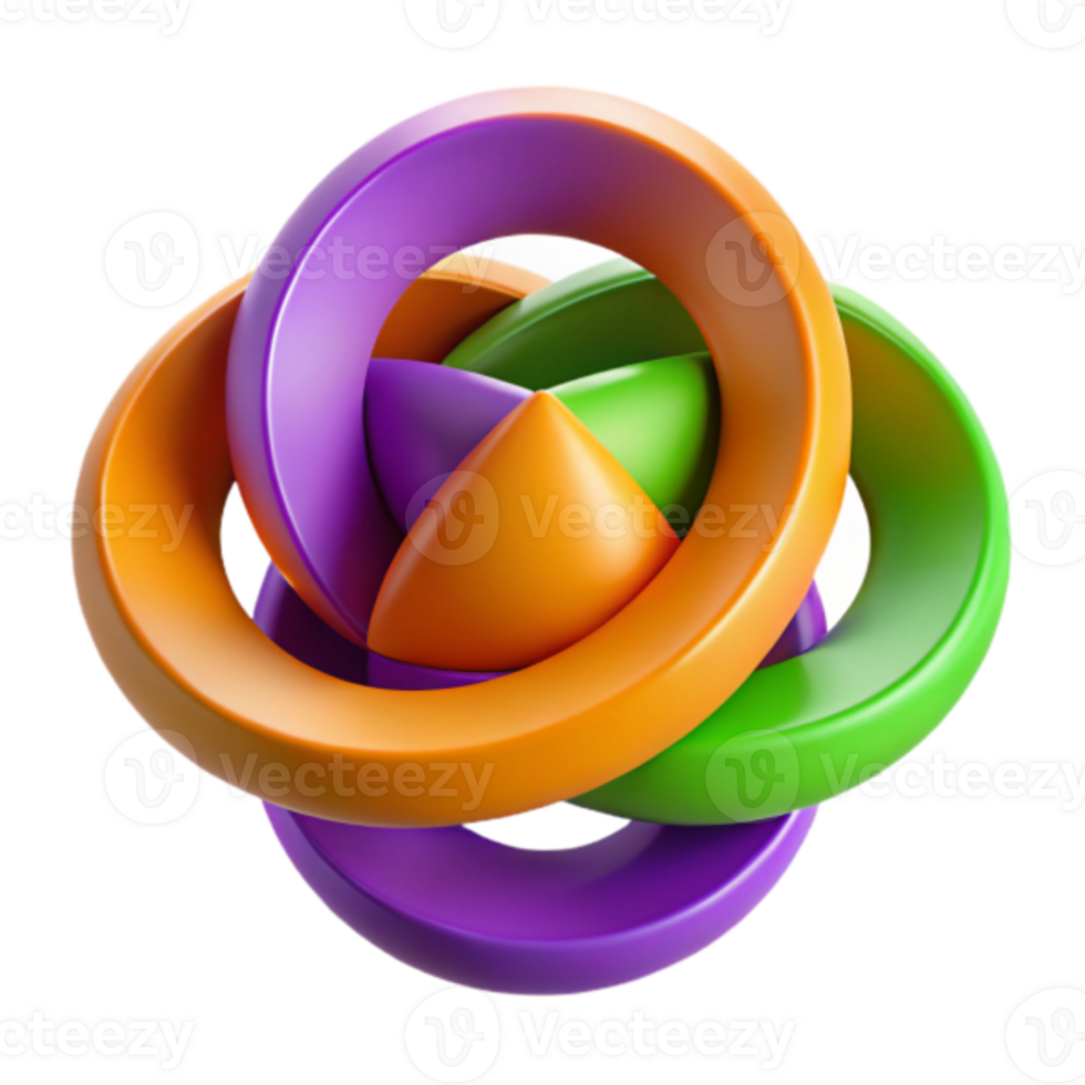 Abstract 3D Render of Intertwined Rings and Cone, Vivid Colors, Geometric Design png