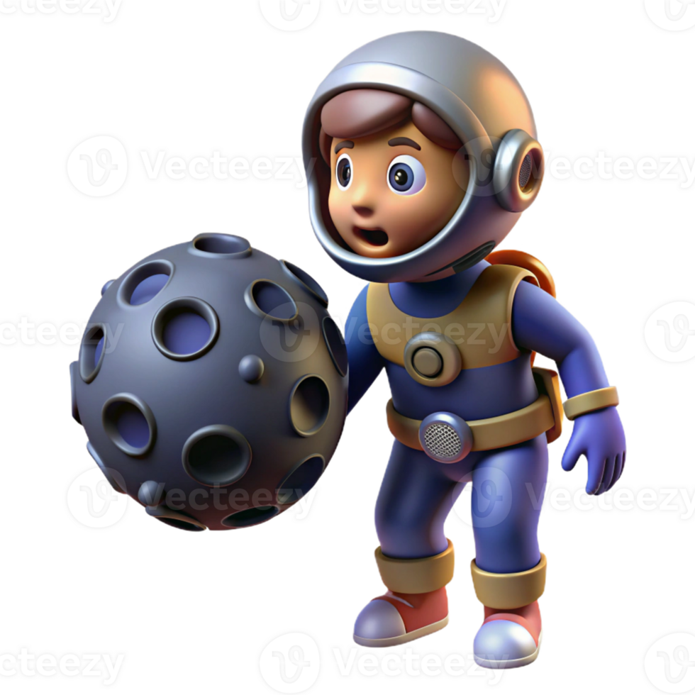 Kid Astronaut Moon Rock A playful 3D render of a kid astronaut with a moon rock, capturing the essence of space adventure and youthful imagination. png