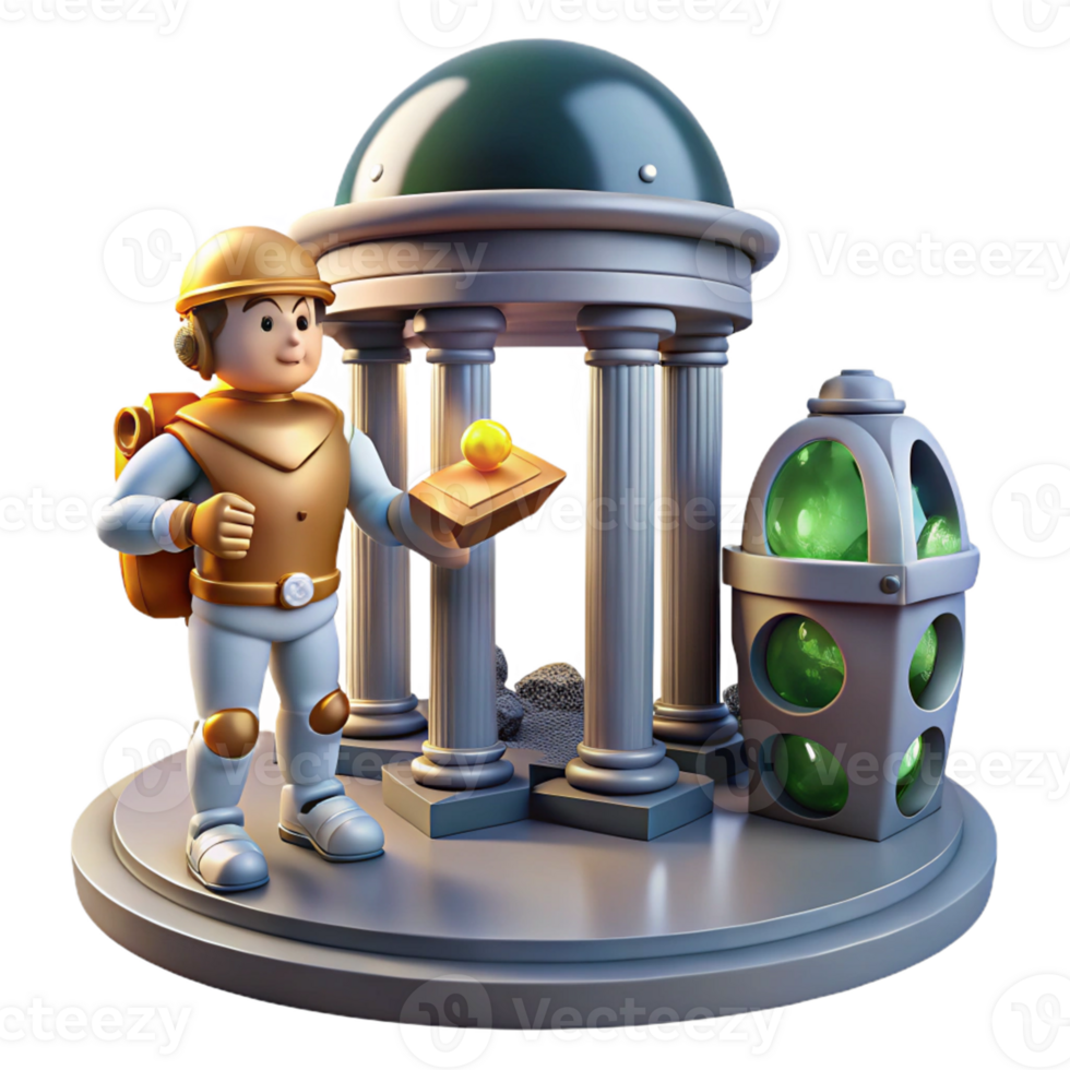 Astronaut, Temple, Orb, Exploration A scene of cosmic exploration, featuring an astronaut discovering a mystical temple with an orb. png