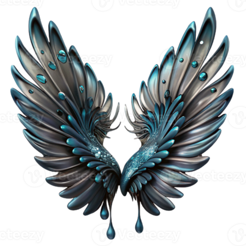 Abstract 3D Illustration of Teal and Gray Wings with Water Droplets png
