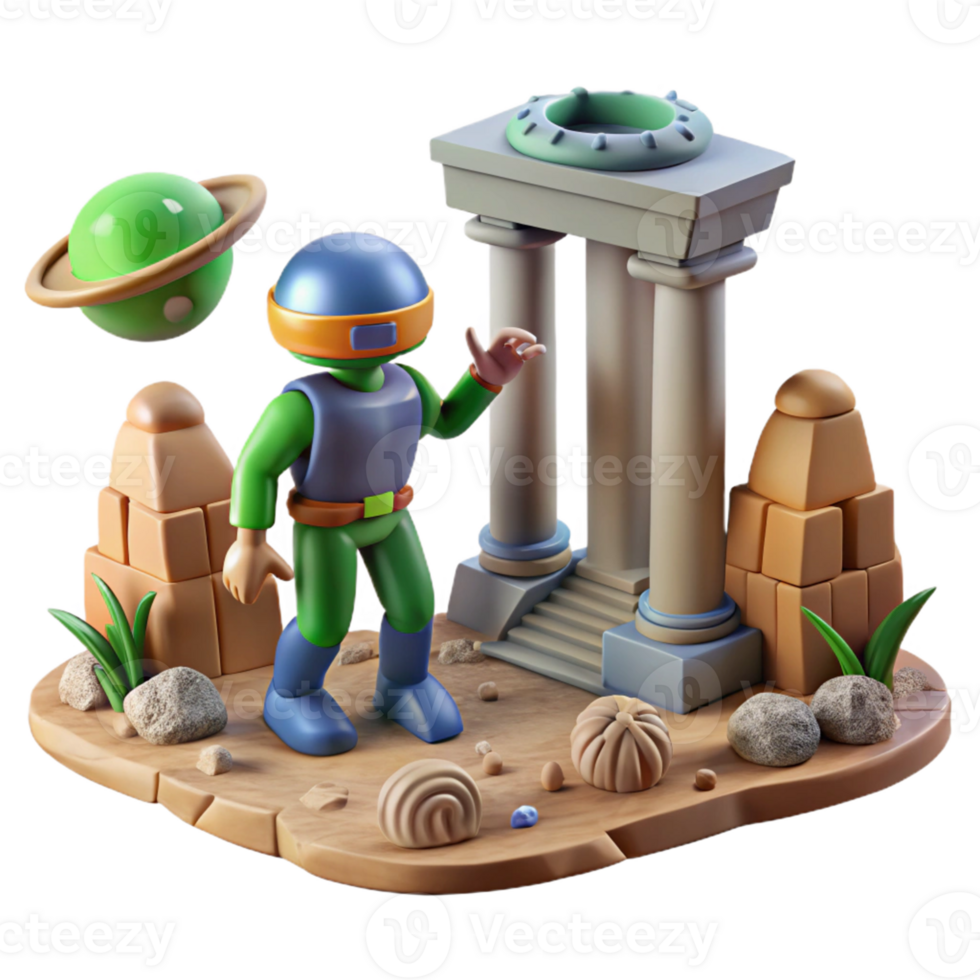 Astronaut at Ancient Ruins A dynamic depiction of an astronaut navigating ancient ruins, capturing the essence of exploration in a digital world. png