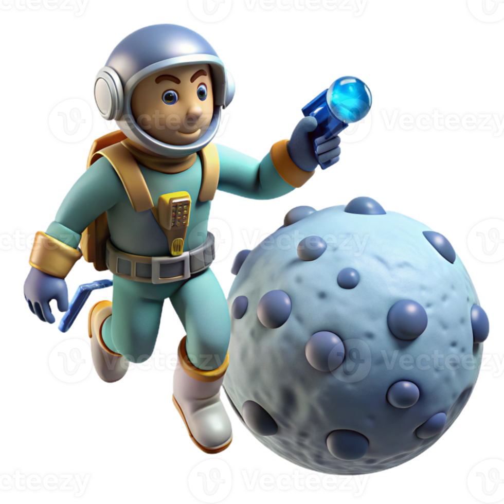 Astronaut Explores Cratered Moon A realistic 3D render of an astronaut exploring a cratered moon, capturing the essence of space exploration and adventure. png