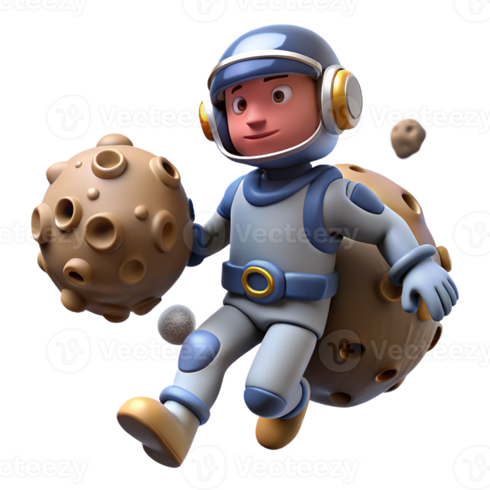 Astronaut Asteroids Space Adventure A realistic 3D render of an astronaut exploring asteroids, capturing the essence of space adventure and discovery. png