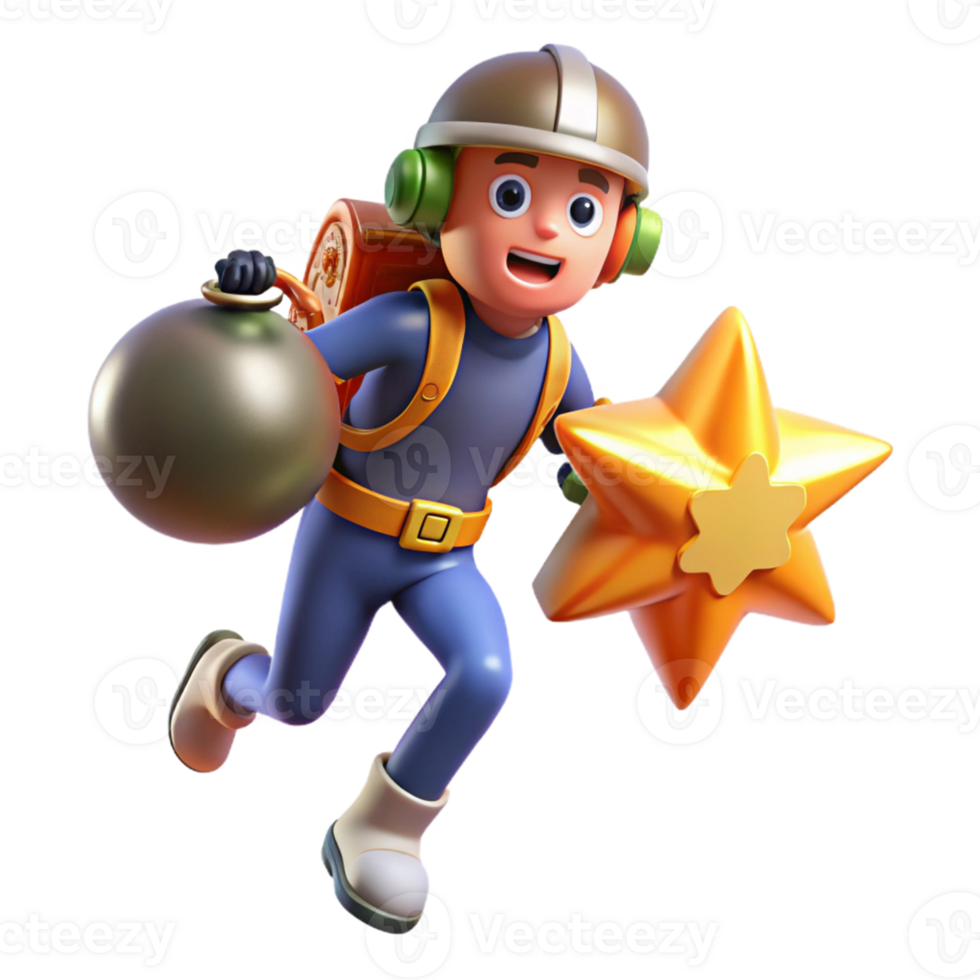 3D Animated Adventurer with Star - A dynamic 3D render of an adventurer with a star capturing the essence of exploration and adventure png