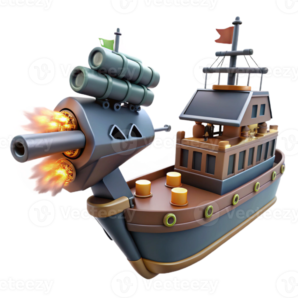 Firing Ship Cannon Boat Game Asset A dynamic depiction of a ship firing cannons, captured as a game asset in a digital world. png