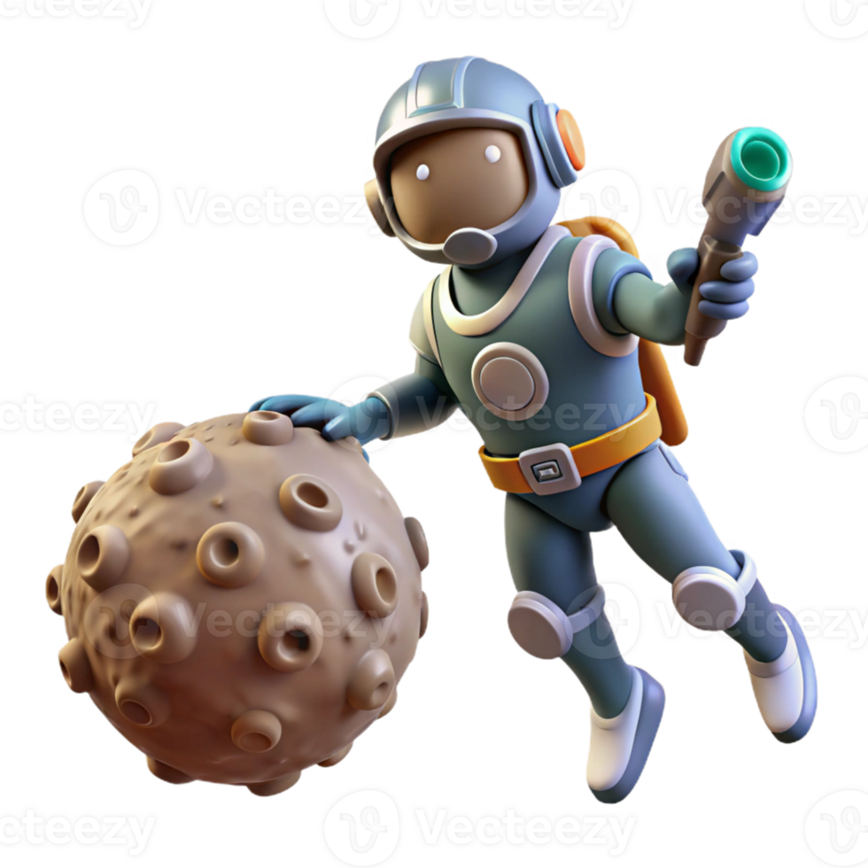 Astronaut Explores Cratered Moon A realistic 3D render of an astronaut exploring a cratered moon, capturing the essence of space exploration and advanced technology. png
