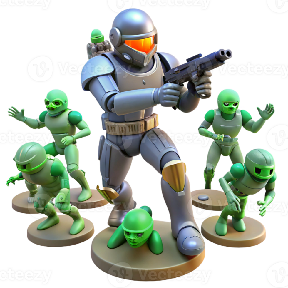 Sci Fi Combat Figures Soldier and Aliens - A dynamic depiction of combat figures including a soldier and aliens capturing the essence of advanced technology and intense action png