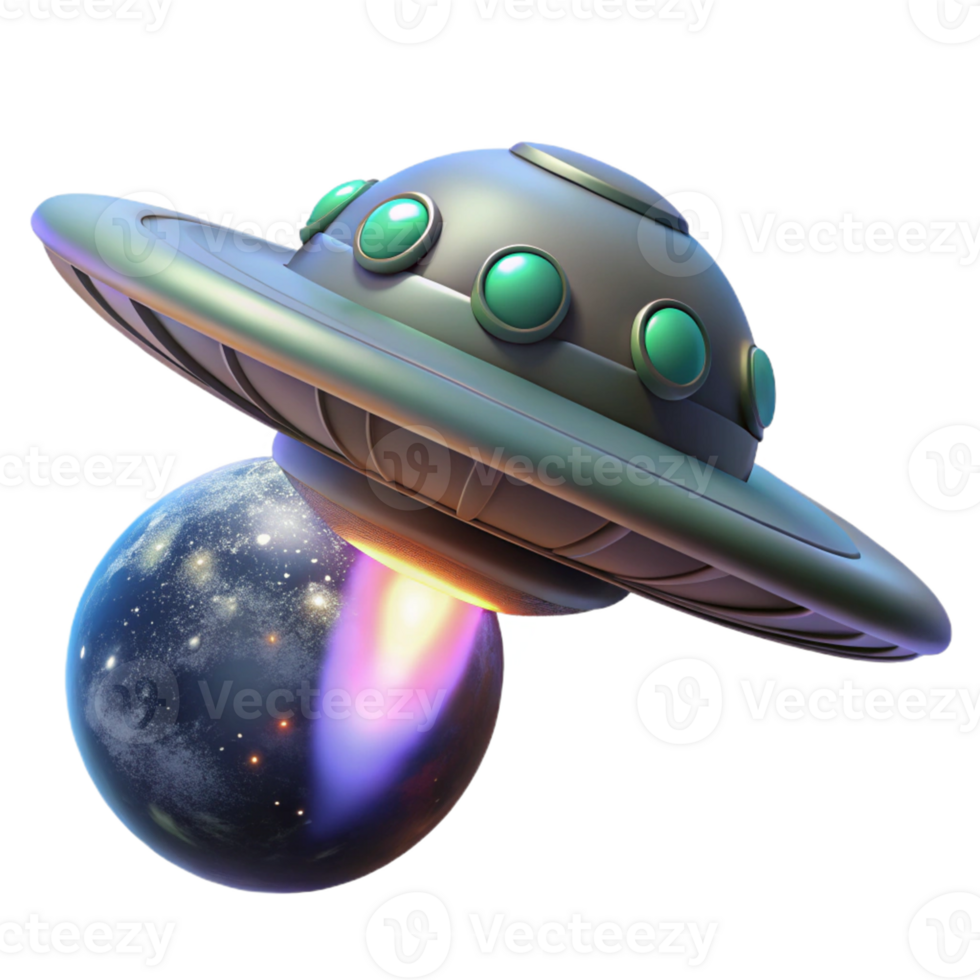 UFO Encounter Cosmic Mystery A dynamic 3D render of a UFO encounter, capturing the essence of extraterrestrial adventure and intense action. png