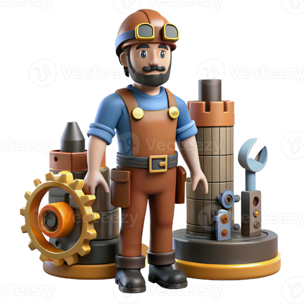 Engineer with Gears Machinery A dynamic scene of an engineer navigating a world of gears and machinery, capturing the essence of innovation. png