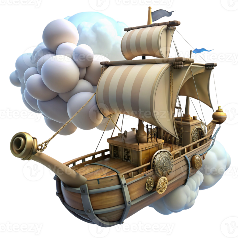 Cloud Sailing Ship Adventure Awaits A whimsical 3D render of a sailing ship in the clouds, capturing the essence of adventure and fantasy. png
