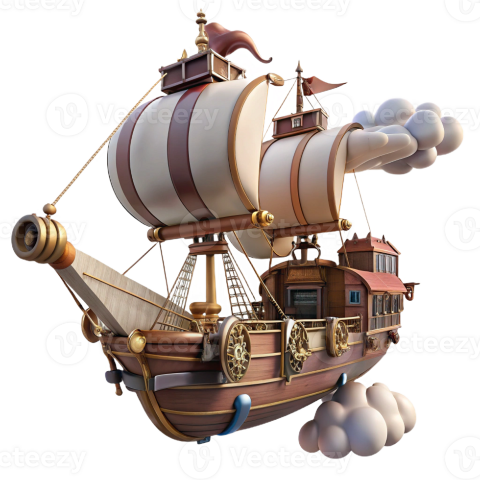 Steampunk Airship Adventure A whimsical 3D render of a steampunk airship, capturing the essence of adventure and retro-futuristic design. png