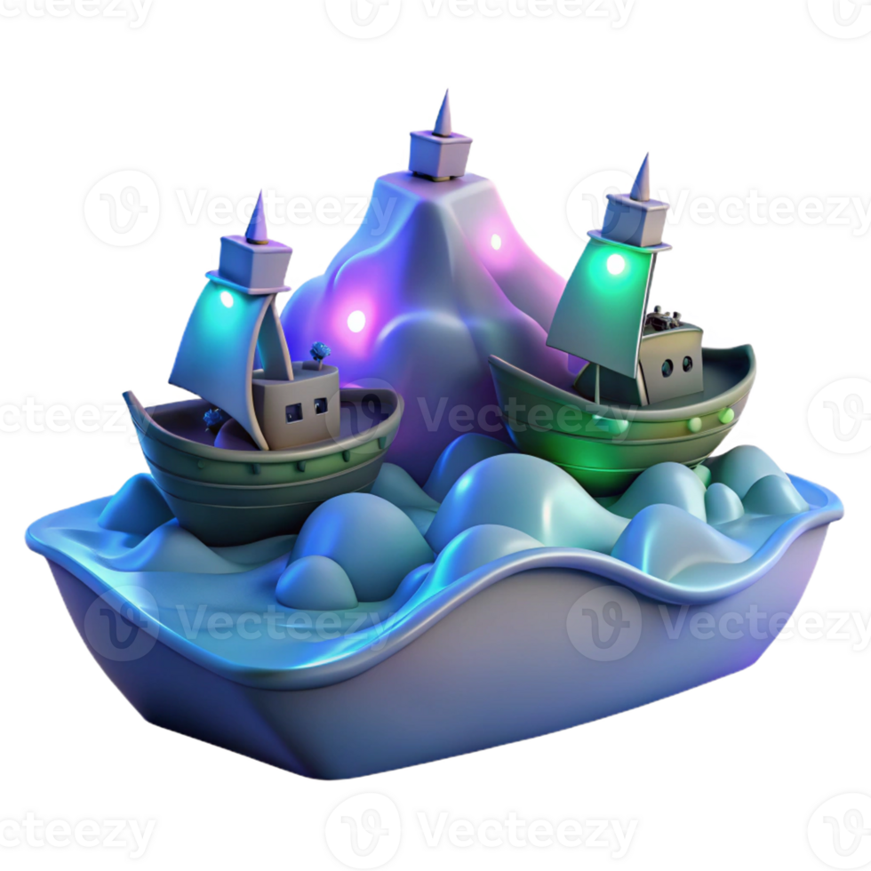 Ships, Iceberg, Night Scene, 3D Render A dynamic depiction of ships navigating a world of icebergs, captured in a stunning three-dimensional render. png