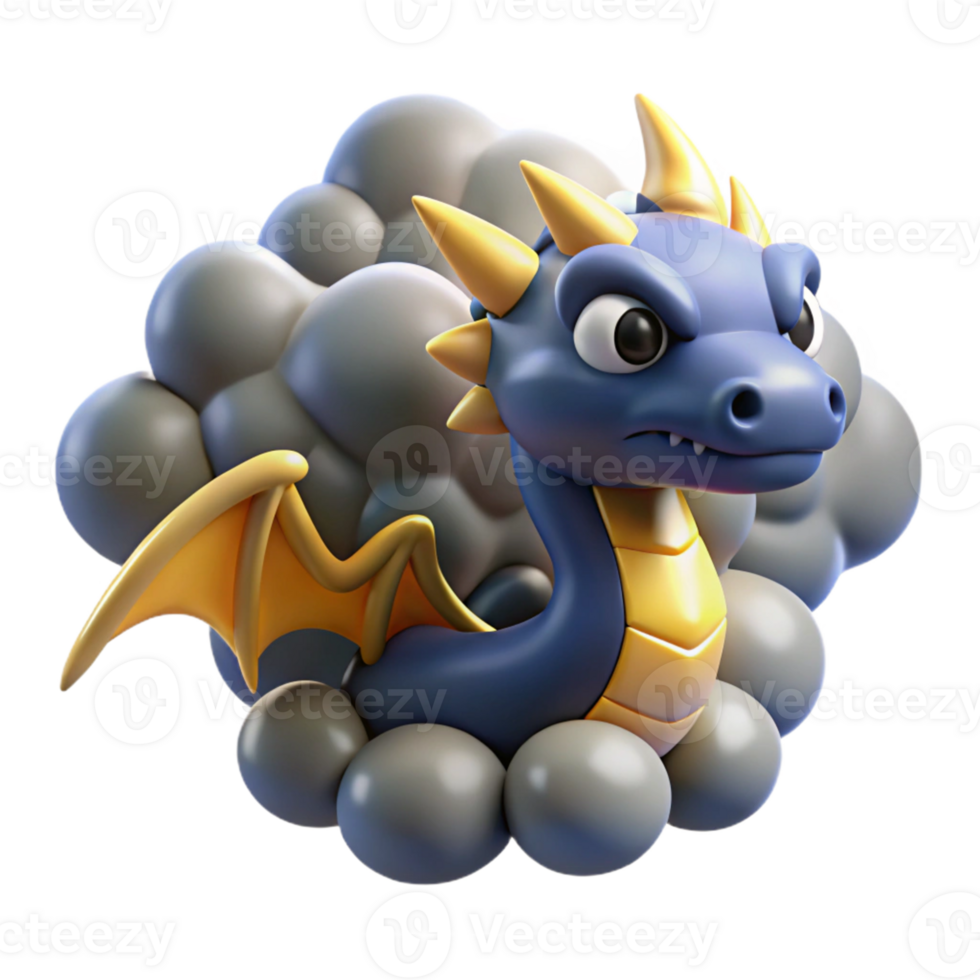 Cute Baby Dragon in Clouds An adorable 3D render of a baby dragon resting on fluffy clouds, set in a whimsical and magical scene. png